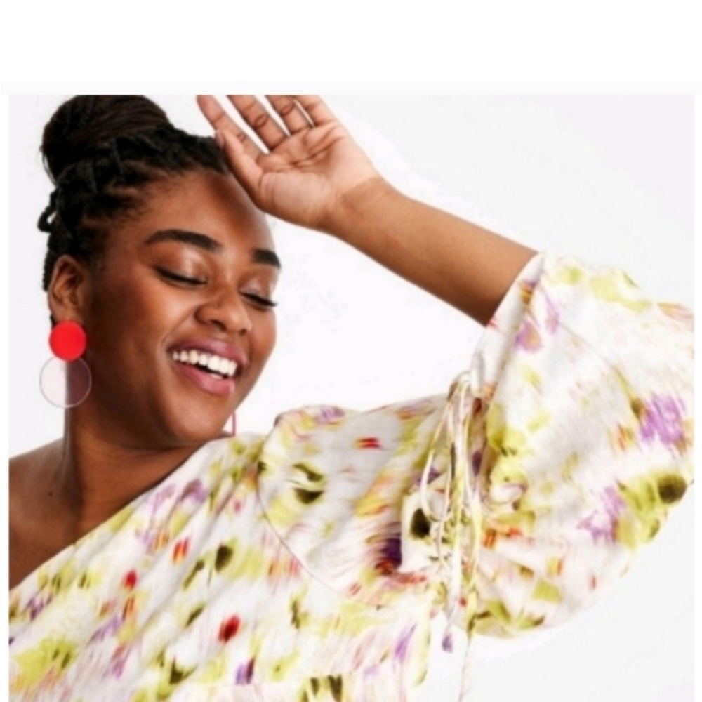 NWT Future Collective Linen blend L/S One Shoulder Midi Dress XXL White Floral - Picture 2 of 10